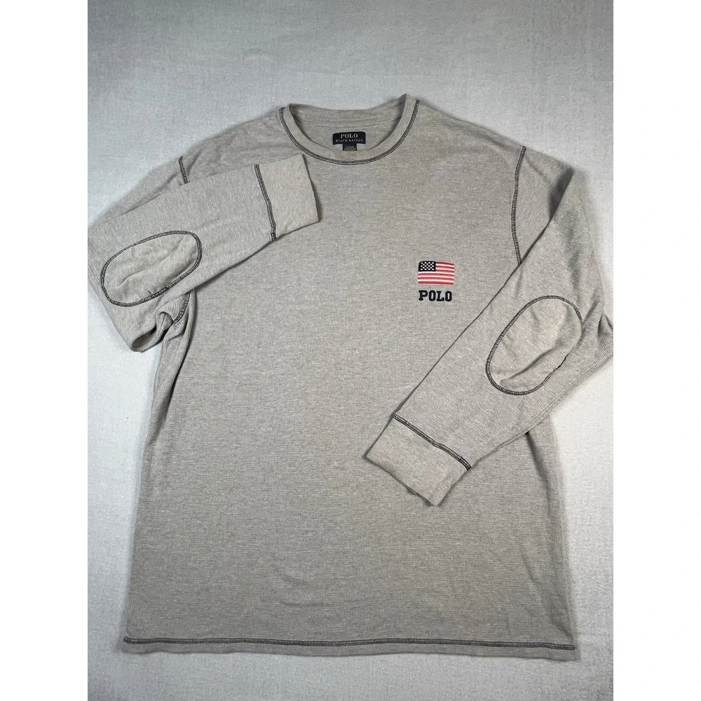 Polo Ralph Lauren‎ Shirt Men 2XL Thermal US Flag Elbow Patch Long Sleeve Gray
